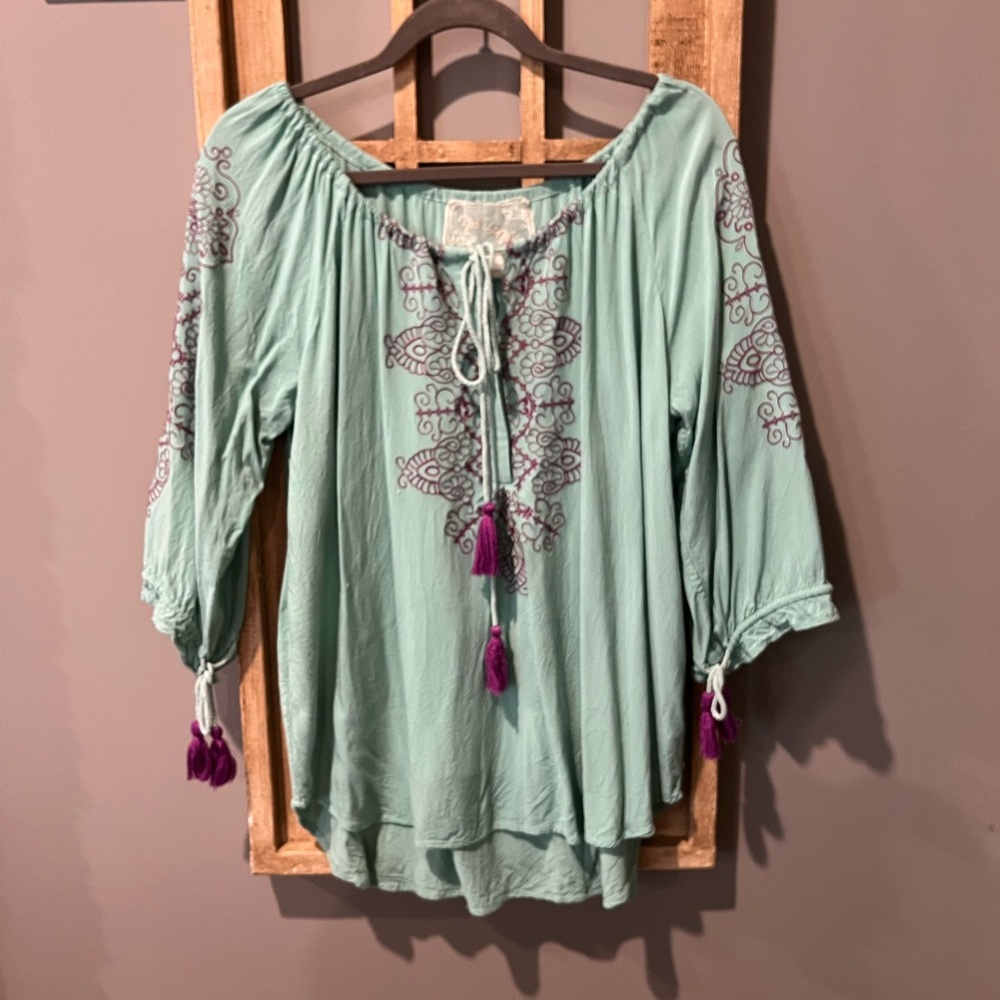 Anthropologie Nick and Me XL Peasant Top Popover Turquoise and Purple